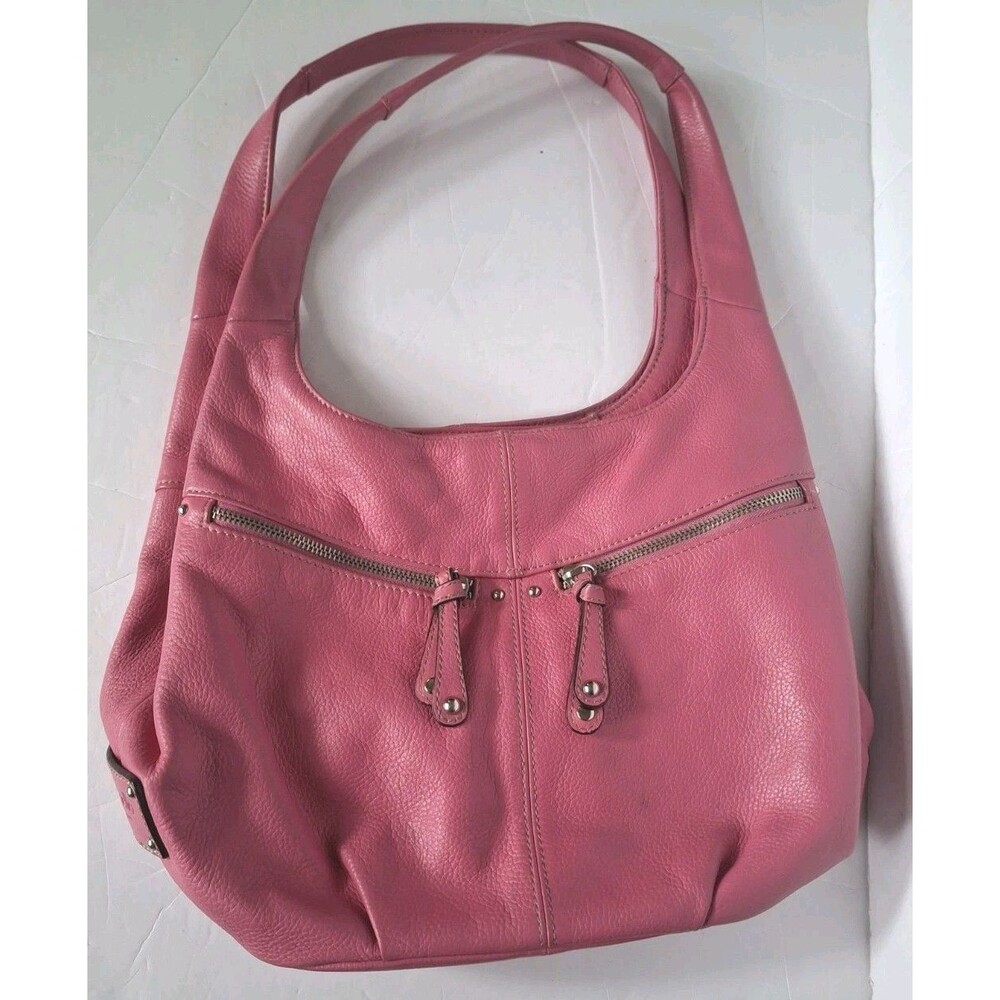 Tignanello Hobo Genuine Leather Shoulder Bag Hot Pink Front Pockets Zippers